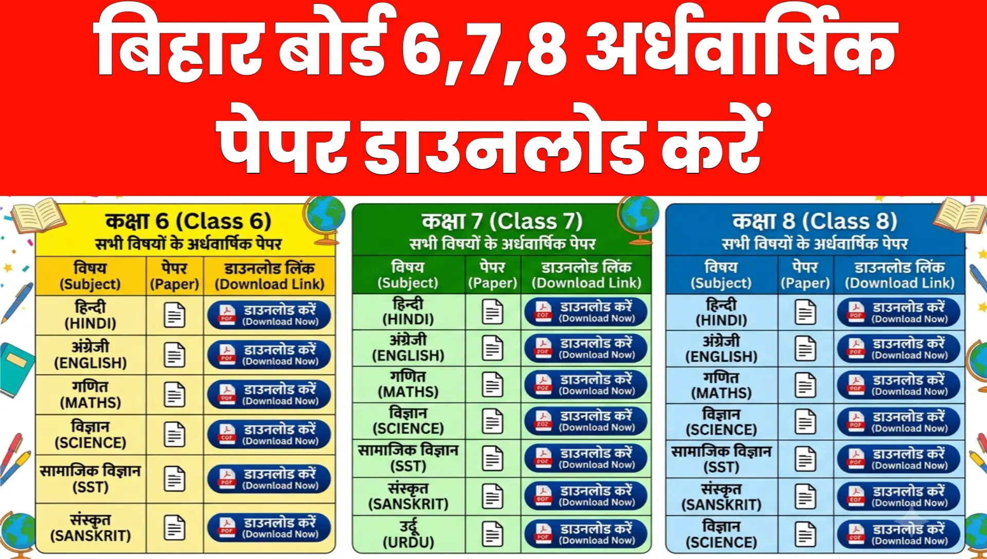 Bihar Board 6th 7th 8th class exam paper 2026 Download