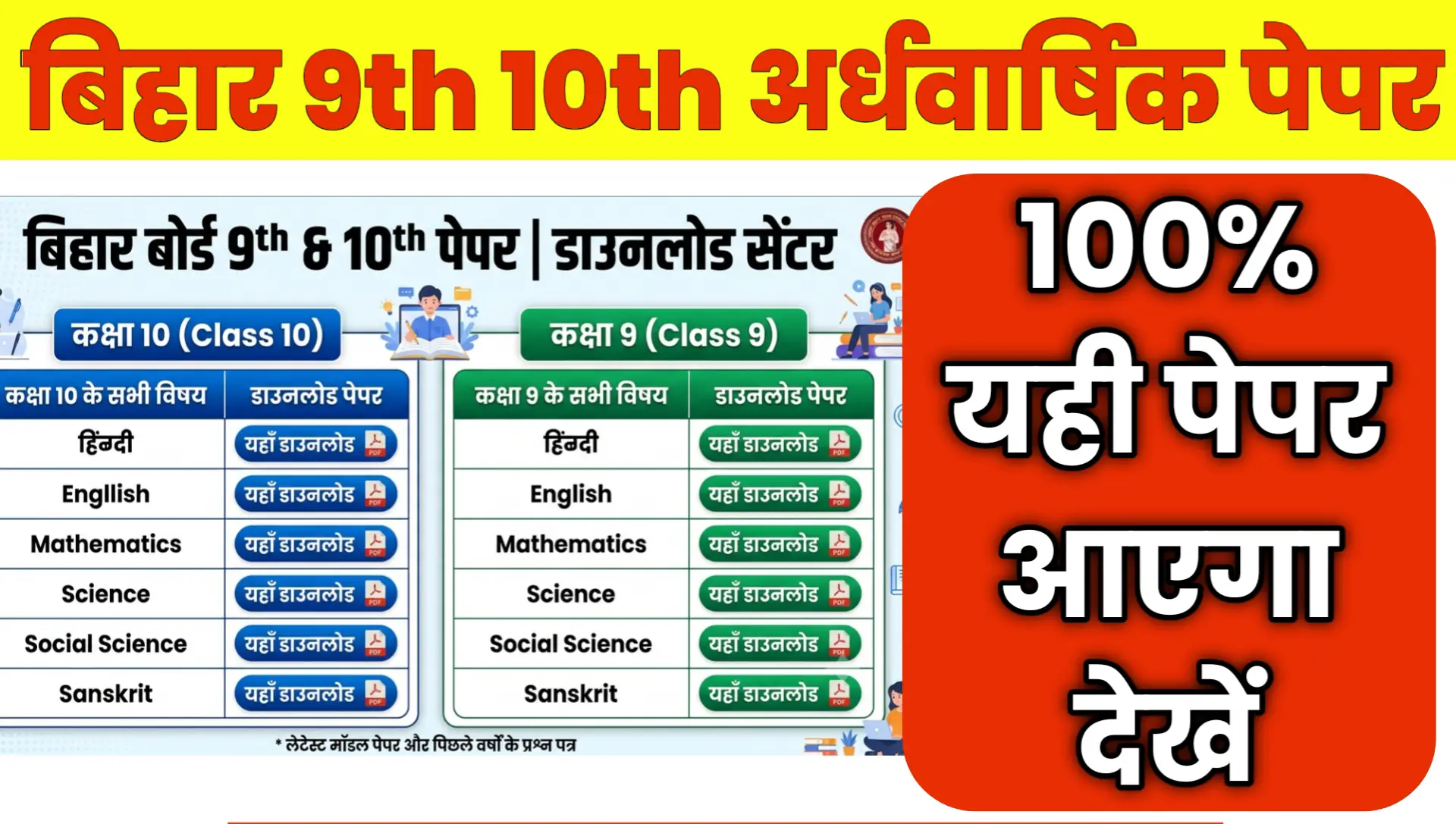Bihar Board Class 9th 10th Half-Yearly Exams 2026 Question Download